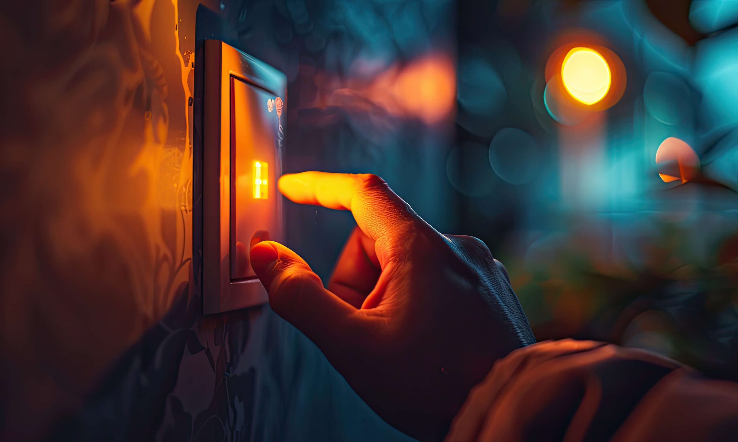 Image of a smart-home-enabled wall light dimmer in a night-time interior of a home.